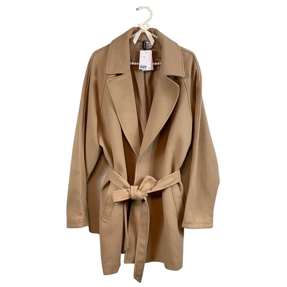 H&M Divided Camel Tan Belted Wrap Coat Notched Lapel XL NEW